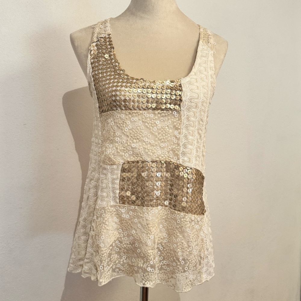 TINY Cream Tank Top with Lace & Beading – Size S